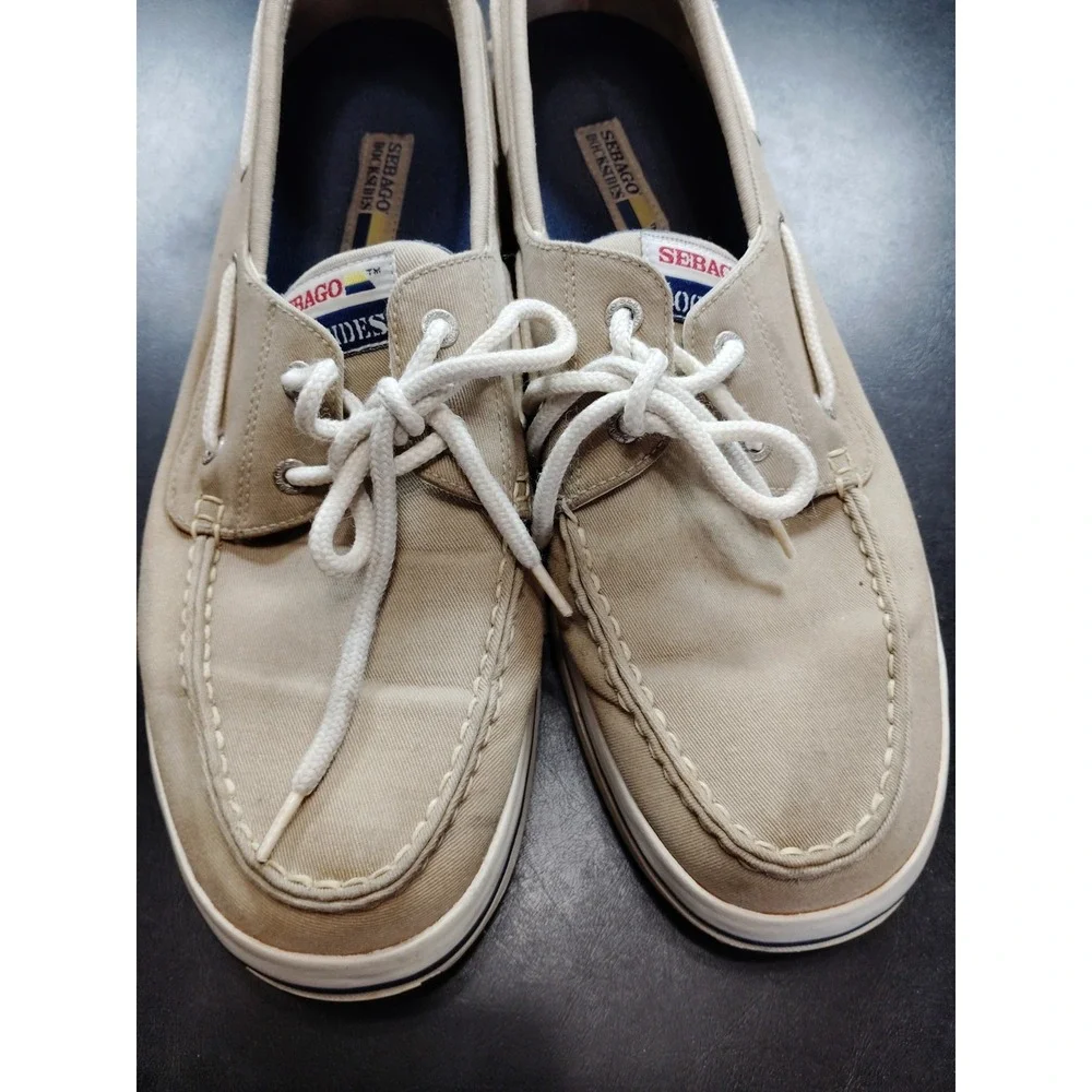 Sebago Docksides Men 13 Beige Canvas‎ Boat Shoes Casual Slip On Loafers Preppy